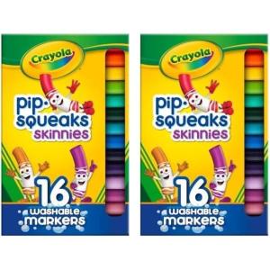 imageCrayola Pip Squeaks Skinnies Washable Marker Set 16ct Mini Markers for Toddlers Thin Coloring Supplies for Kids Toddler Back to School Essentials1 Count Pack of 2