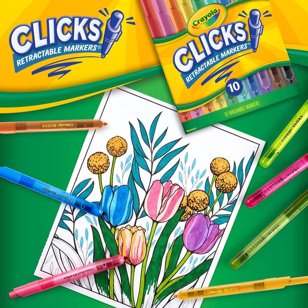 imageCrayola Clicks Retractable Tip Marker Set for Kids 10ct Markers For School Long Lasting Coloring Book Supplies No Dry Back to School Essentials 6Classics