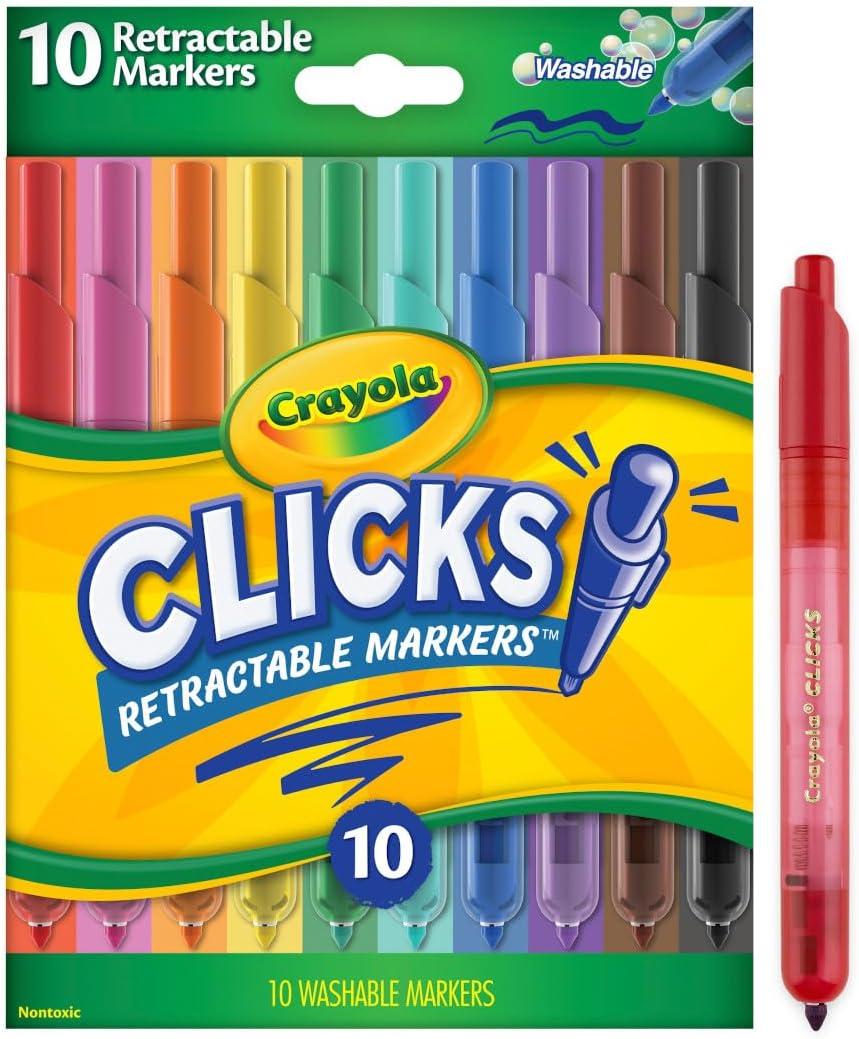 imageCrayola Clicks Retractable Tip Marker Set for Kids 10ct Markers For School Long Lasting Coloring Book Supplies No Dry Back to School Essentials 6Classics
