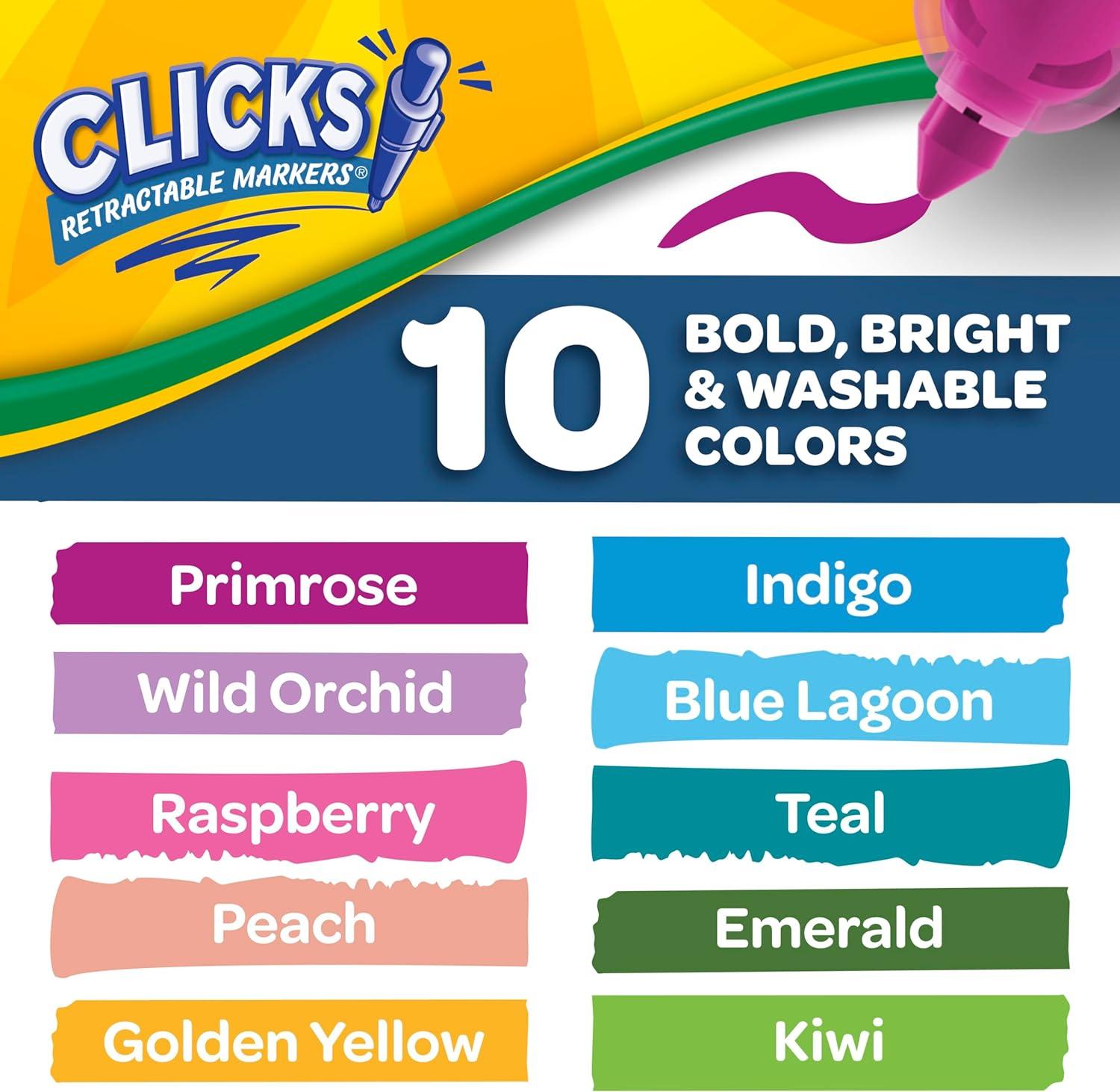 imageCrayola Clicks Retractable Tip Marker Set for Kids 10ct Markers For School Long Lasting Coloring Book Supplies No Dry Back to School Essentials 6GreenBlueRed