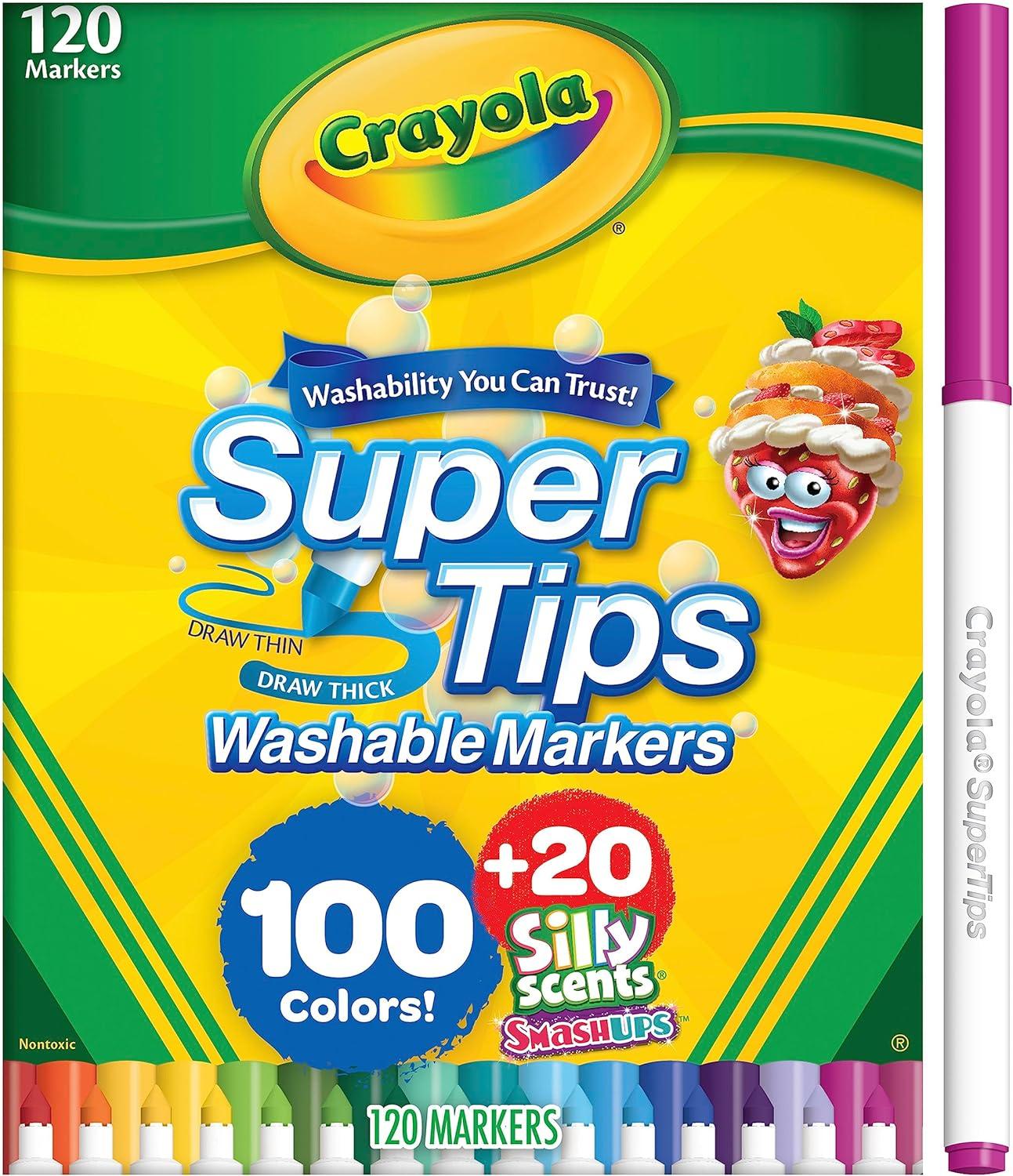 imageCrayola Super Tips ampamp Silly Scents Washable Marker Set 120ct Bulk Colored Markers for Coloring Books Fine Tip Conical WaterBased Ink Ideal for Kids Art Projects Gifts
