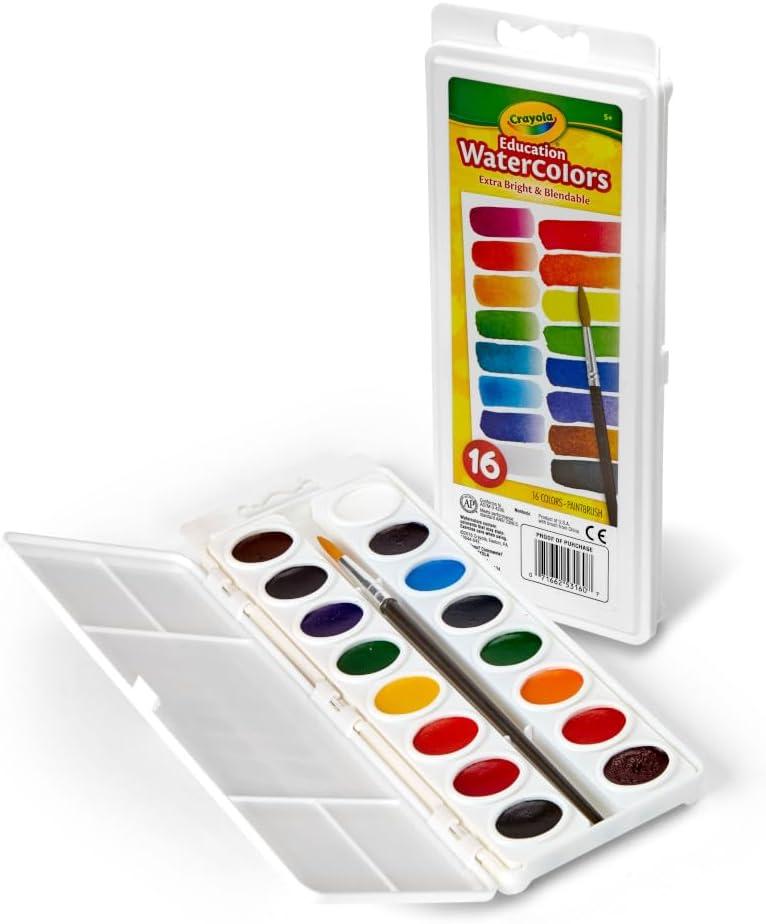 imageCrayola Watercolor Paint Set 16 Count Washable Paint for Kids 1 Paint Brush Arts ampamp Crafts Supplies Assorted Colors Ages 4