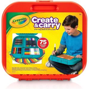 imageCrayola Create N Carry Art Set 75pcs 2in1 Lap Desk ampamp Carrying Case Art Kit for Kids Crafts Drawing ampamp Coloring Supplies Travel Gifts for KidsArt Set