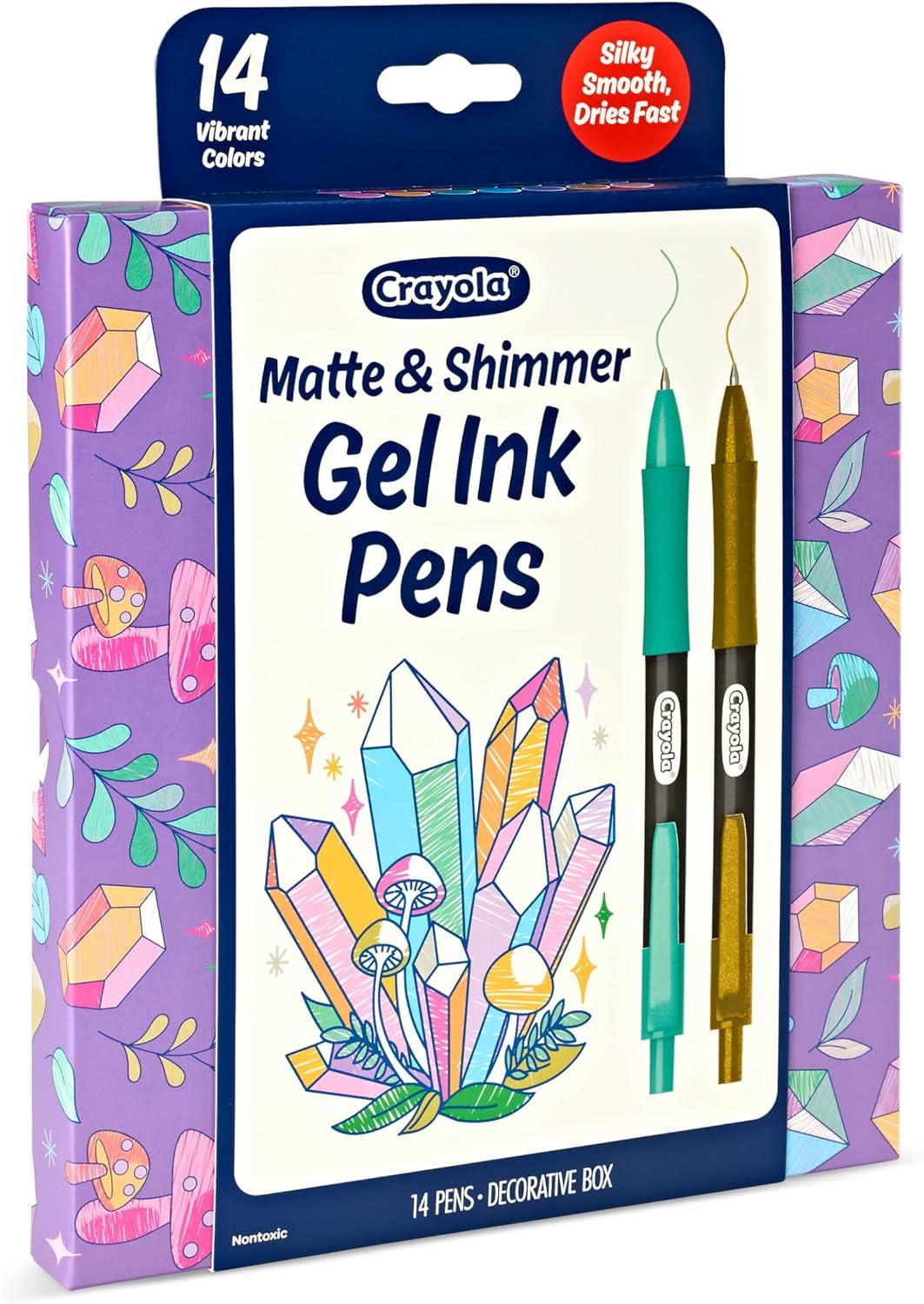 imageCrayola Gel Ink Pen Marker Set 14 Matte ampamp Glitter Pens Gel Pens for Coloring Fine Point Gift for Kids ampamp Teens Ages 4Gel  Ink